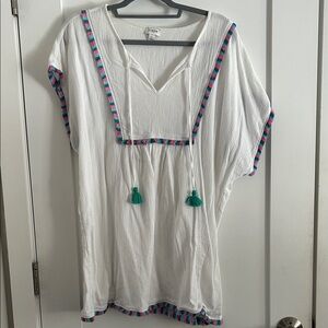 J. Crew Factory White Tunic/Beach cover with Colorful tassel trim